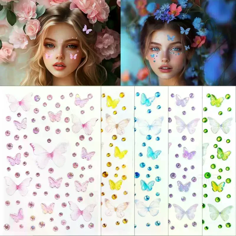 

Kawaii Elf Butterfly Rhinestone Face Stickers Self-Adhesive for Stage Concert Makeup 1 Sheet Weaving Butterfly Decor