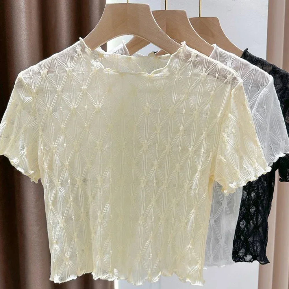 

Black White Apricot Color T Shirt Elastic Wavy Edge Top Clothes Summer Female Blouses Ruched O-Neck Short Sleeve Girls Shirt