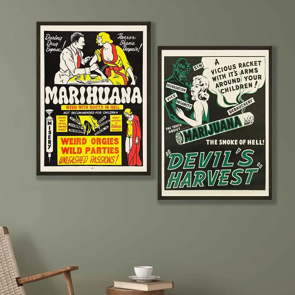 Vintage Anti Weed Drugs Propaganda Poster Print Devil's Harvest Smoke Wall Art Canvas Painting Pictures for Living Room Decor