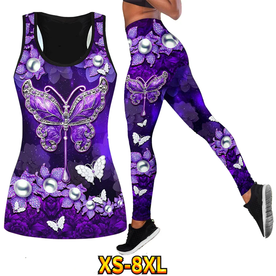 Stylish and Sexy Fall Yoga Pants Vest Set Ladies Colorful Butterfly Print Casual Sports Leggings Set XS-8XL