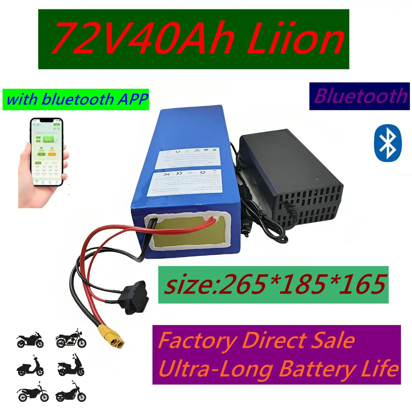 

Литий-ионный аккумулятор 72 В, 40 Ач, Bluetooth, приложение BMS, литий-ионный для 5000 Вт, электрический снегоход, горный велосипед, трактор, мотоцикл, скутер