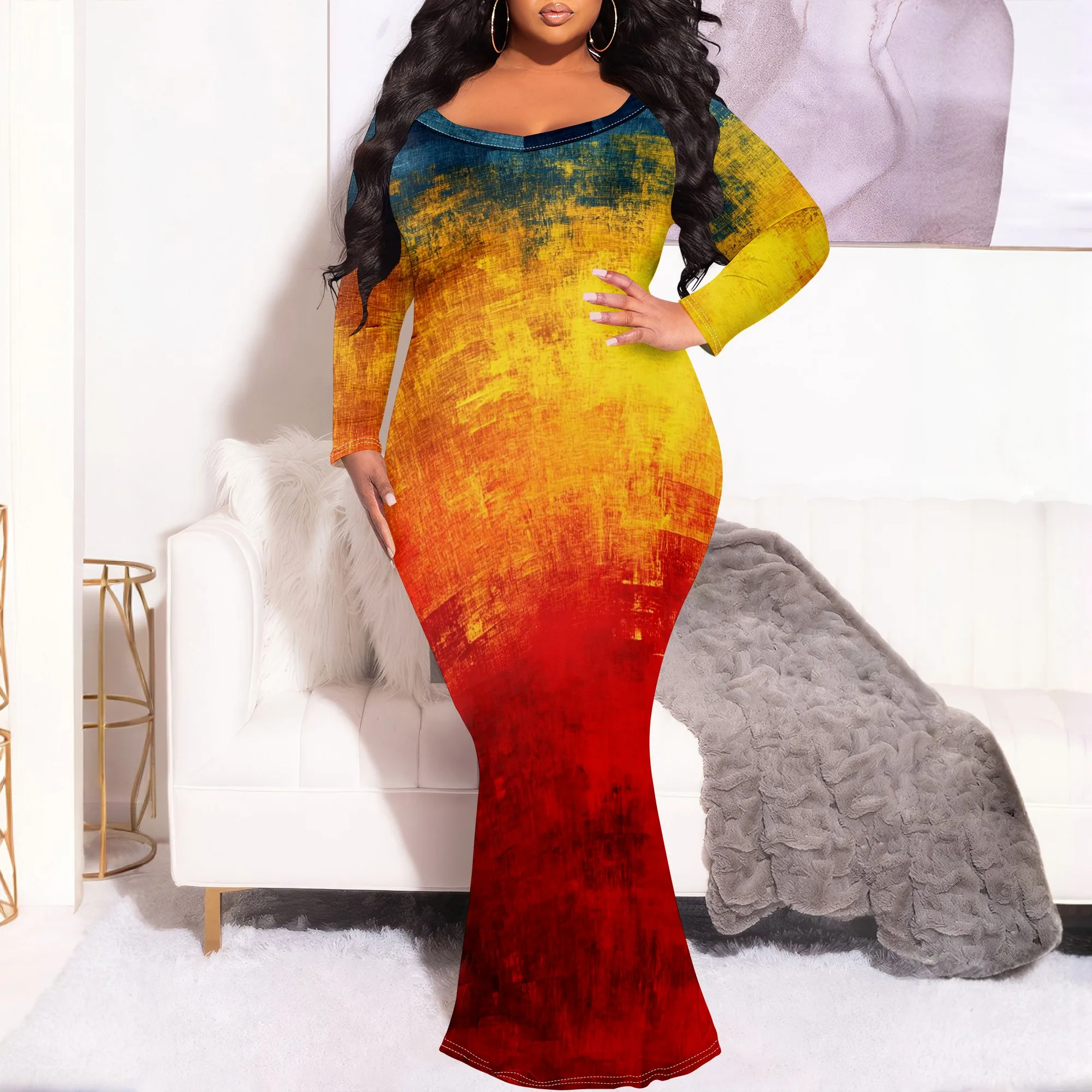 

Nupusa Red Yellow Gradient Print Dress for Women Plus Size Summer Casual Off Shoulder Long Sleeve Mermaid Maxi Dress