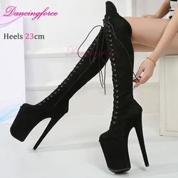 New 9Inches 23cm Super High Stripper Platforms Knee High Boots Nightclub Gothic Suede High Heels Pole Dance Shoes Woman Lace-up