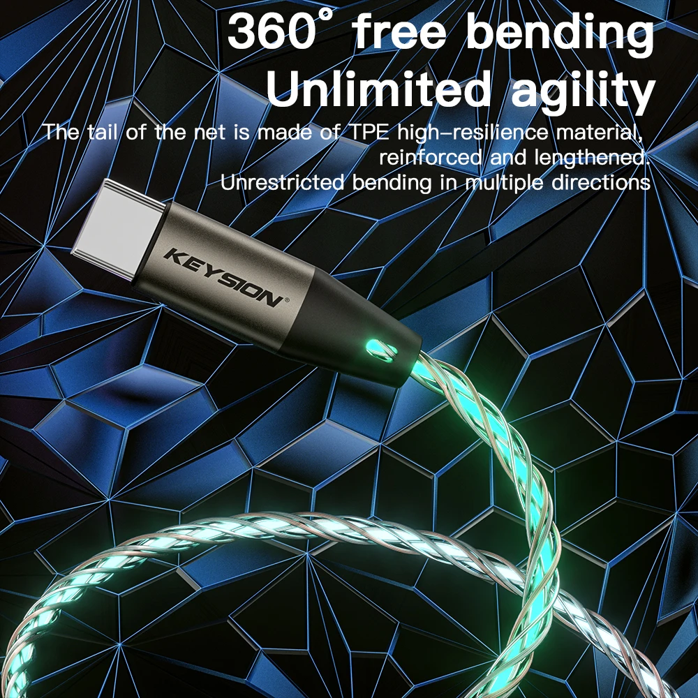 KEYSION PD 66W USB C-C Data Cable Colorful LED RGB Light Gradient Type-C Fast Charging Wire for iPhone 16 Samsung Huawei Xiaomi