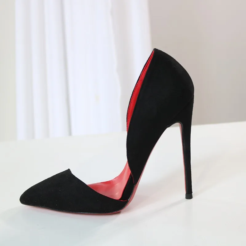 

Suede hollow ultra shallow high-heeled shoes for women and men in cross dressing plus size customized French sexy12CM red lining