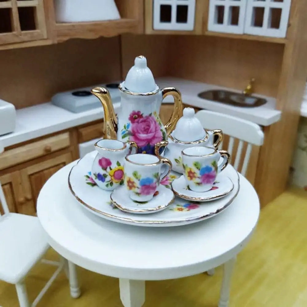 Blumendruck Puppenhaus Geschirr Geschirr Rosa Rose Puppe Porzellan Tee-Set Teller Teller 1:12 Miniatur Tassen Topf Rollenspiel