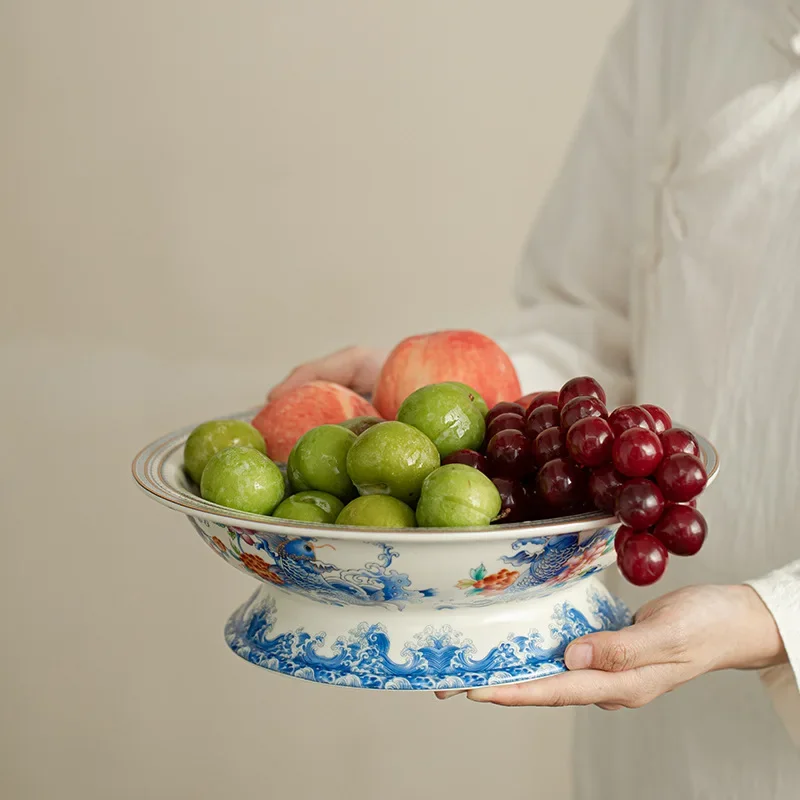 Jingdezhen Antique Enamel Color New Chinese Fruit Pot Refreshment Plate Tea Space Accessories Blue and White Ceramic Fruit Plate