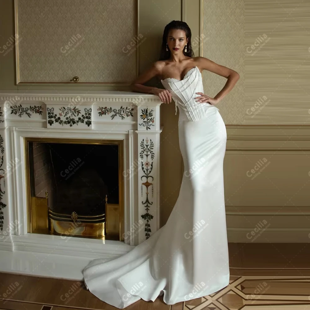 

Glamorous Wedding Dresses Satin Bridal Gowns Beading Appliques Sexy Strapless Sweetheart Elegant Customized Vestidos De Novia