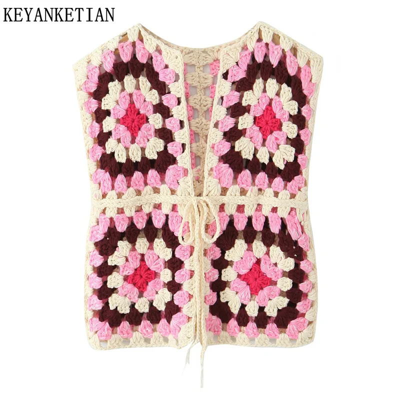 

KEYANKETIAN осенний новый ажурный клетчатый короткий вязаный кардиган с крючками, жилет для праздника, ветра, толстый свитер ручной работы, жилет, топ
