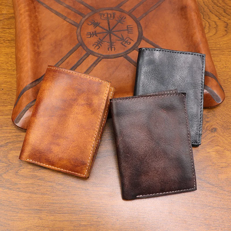 الرجعية الرجال محفظة صغيرة اليدوية المتعثرة الخضار المدبوغة الجلود والحبوب الكاملة فتحات بطاقة متعددة المدمجة حقيبة المال النقدية المحفظة #2