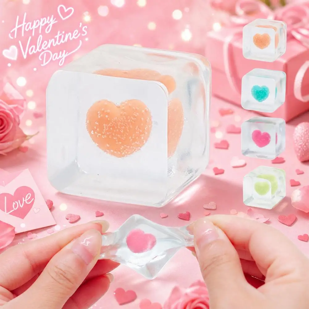 Kawaii Clear Ice Cube Shaped Squishy Toy Love Heart Stress Relief Toys Romantic Valentine Day Gift Squeeze Venting Toys for Kids