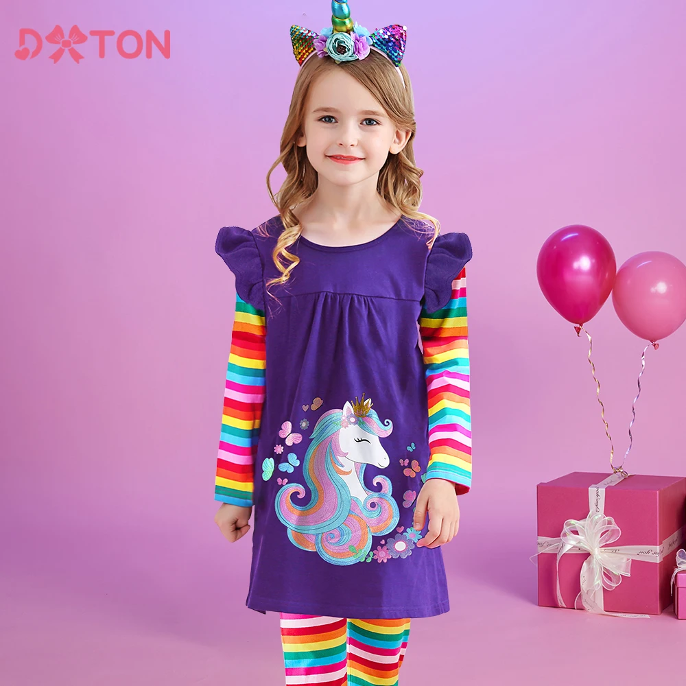 

DXTON Cotton Children's Dress Rainbow Striped Long Sleeve Girls Dress Unicorn Cartoon Kids Casual Clothing Floral Toddler Dress