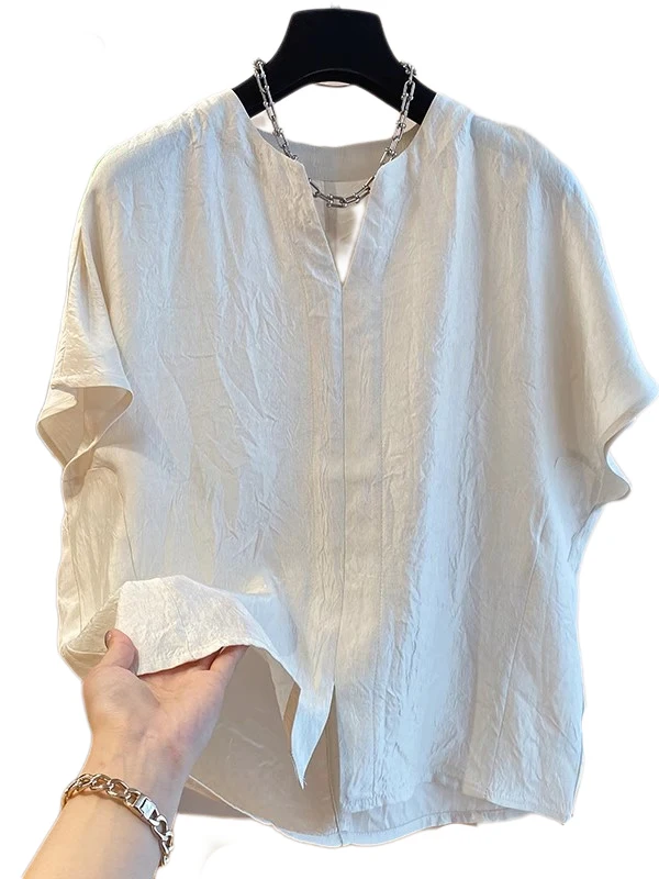 Retro V-ne ort Sve T-irt Women's Summer Loose Fit Texture Sensation Slimming Top Commute Sle Basic  Color