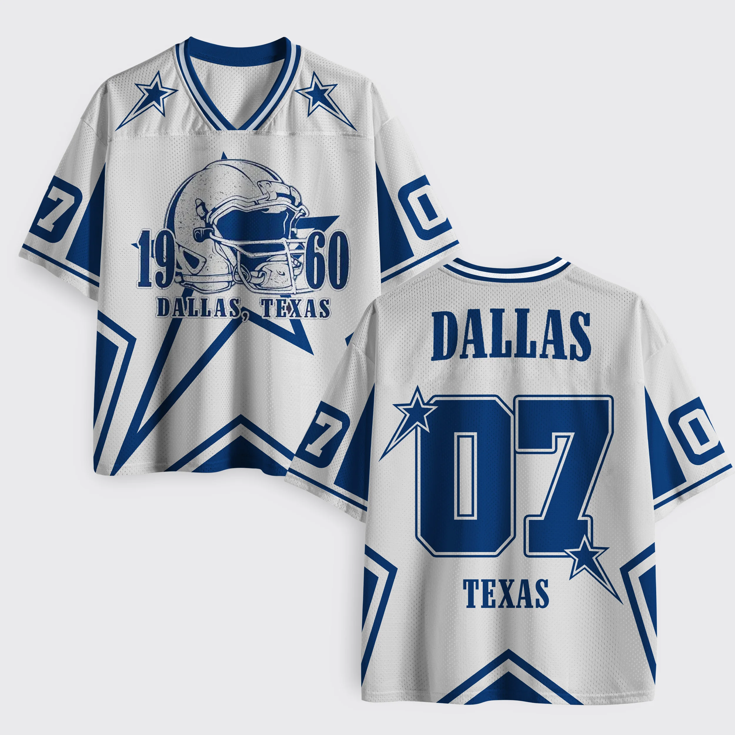 V-Ausschnitt Mesh-Trikot Blauer Stern Football-Helm Texas City Vorder- und Rückseite Nummer 07 Kurzarm-Sport-T-Shirt