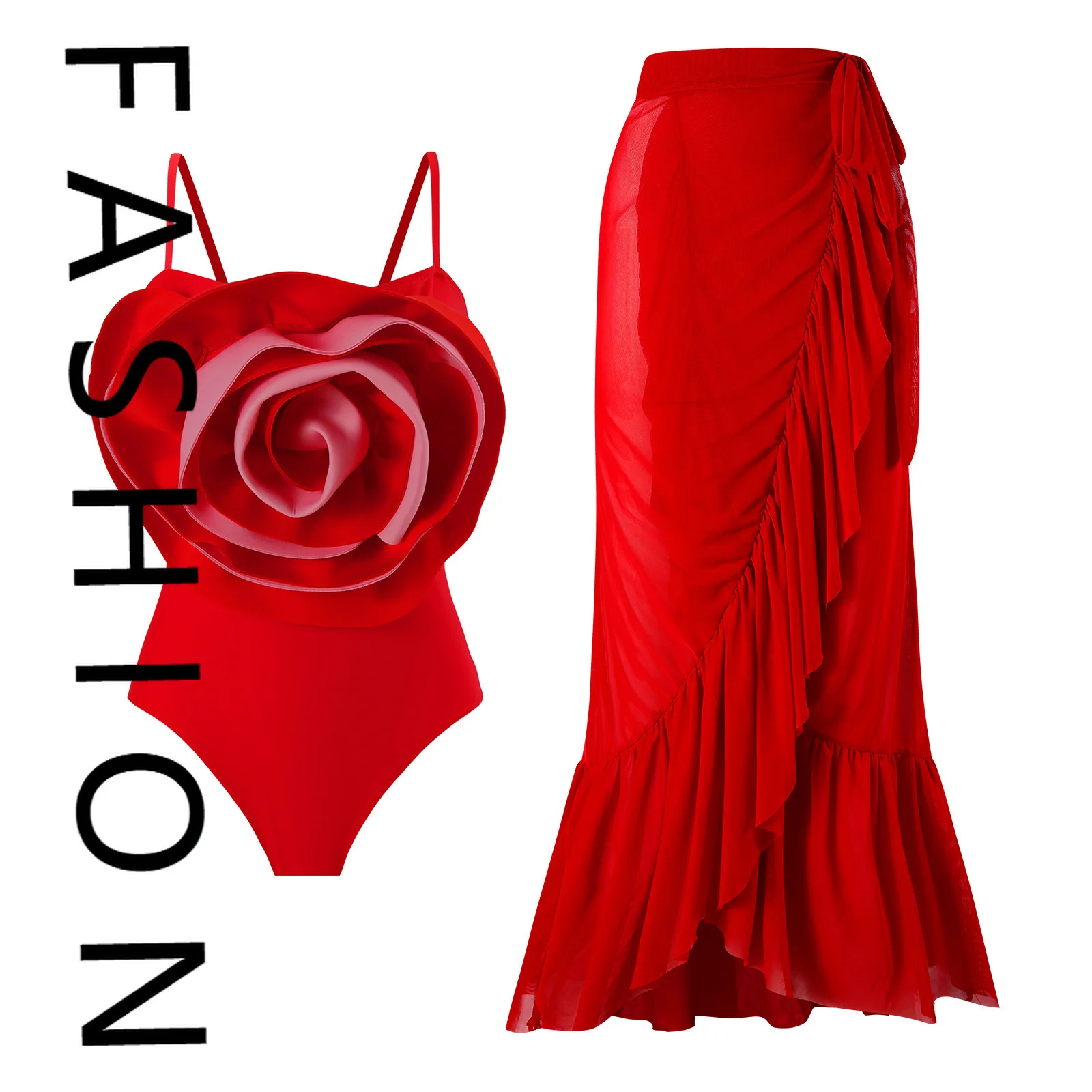 

2025 новое место, хит продаж, цельный модный сексуальный купальник с большим цветком, женский тонкий купальник с сетчатой юбкой, комплект