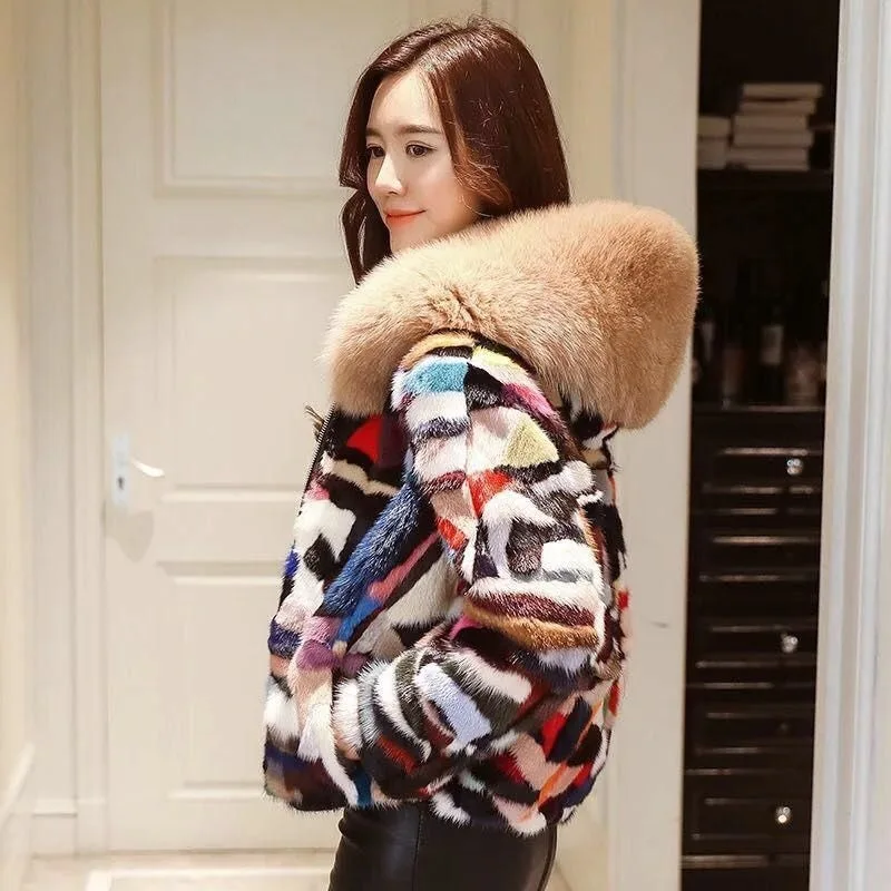 

Hot selling fashion new winter mink fur coat fox fur collar slimming women's high-end mink coat