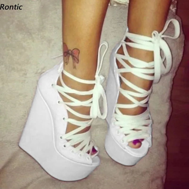 

Rontic Handmade Women Platform Sandals Wedges Heels Lace Up Peep Toe Elegant White Dress Shoes Ladies US Plus Size 4-15