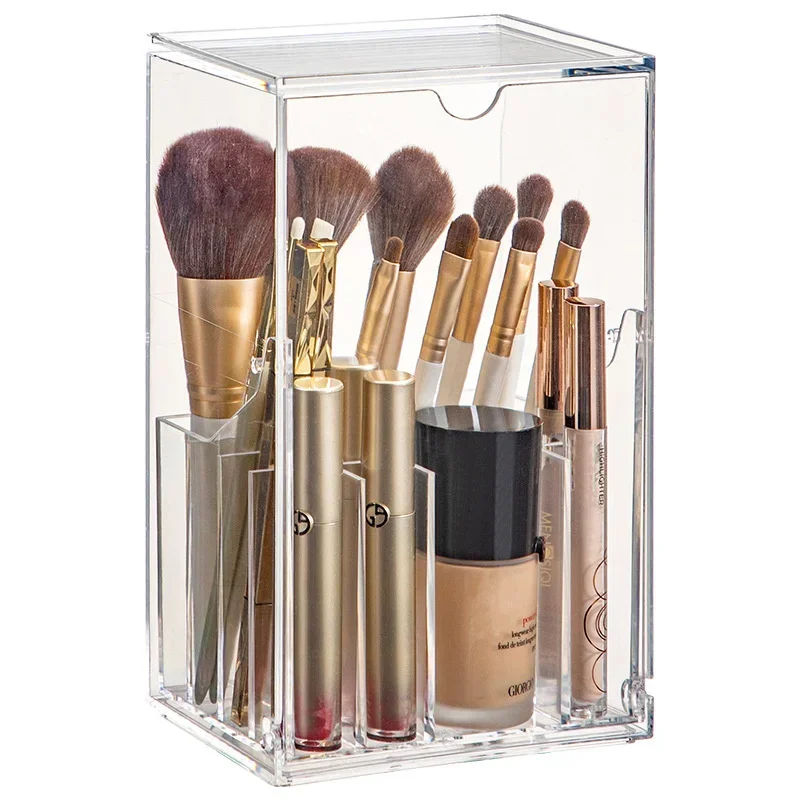 Clear Cosmetic Brush Storage Box Makeup Brush Holder with Lid Large-Capacity Cosmetic Holder Pen Slant Lipstick Desk Container