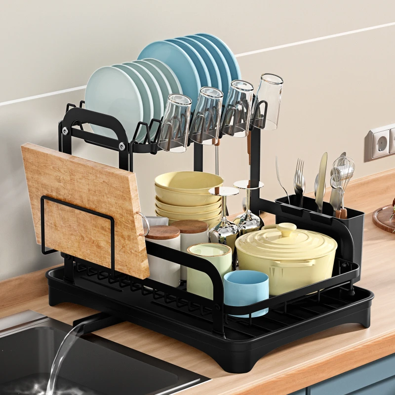 2 Tier Dish Bowl Drainer Storage Rack Kitchen Dish Drying Rack with Drain Basket Countertop Dinnerware Organizer Drainboard