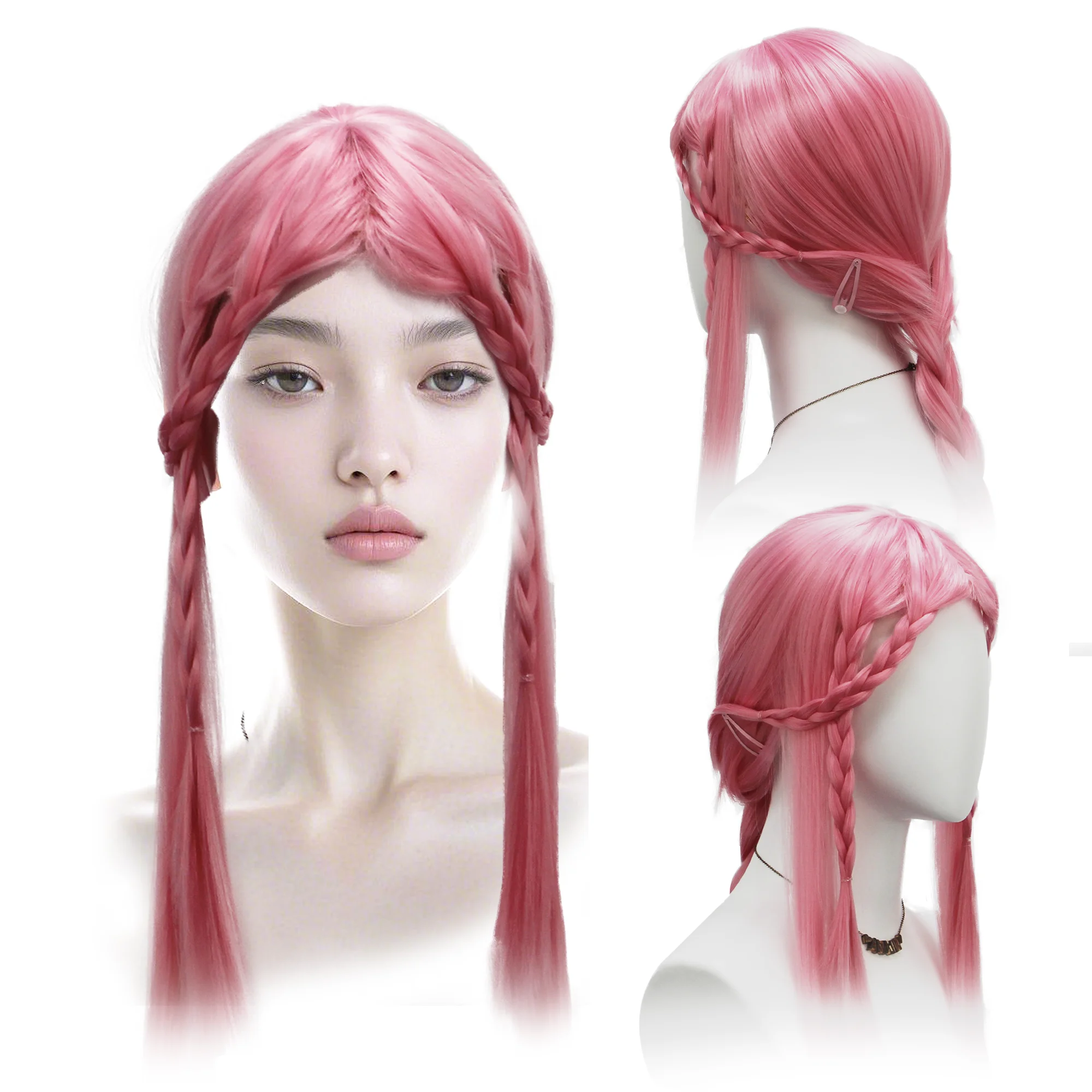 Pink anime cosplay long straight hair with side-swept bangs two small pink braids and two teardrop-shaped hairpins easy to style