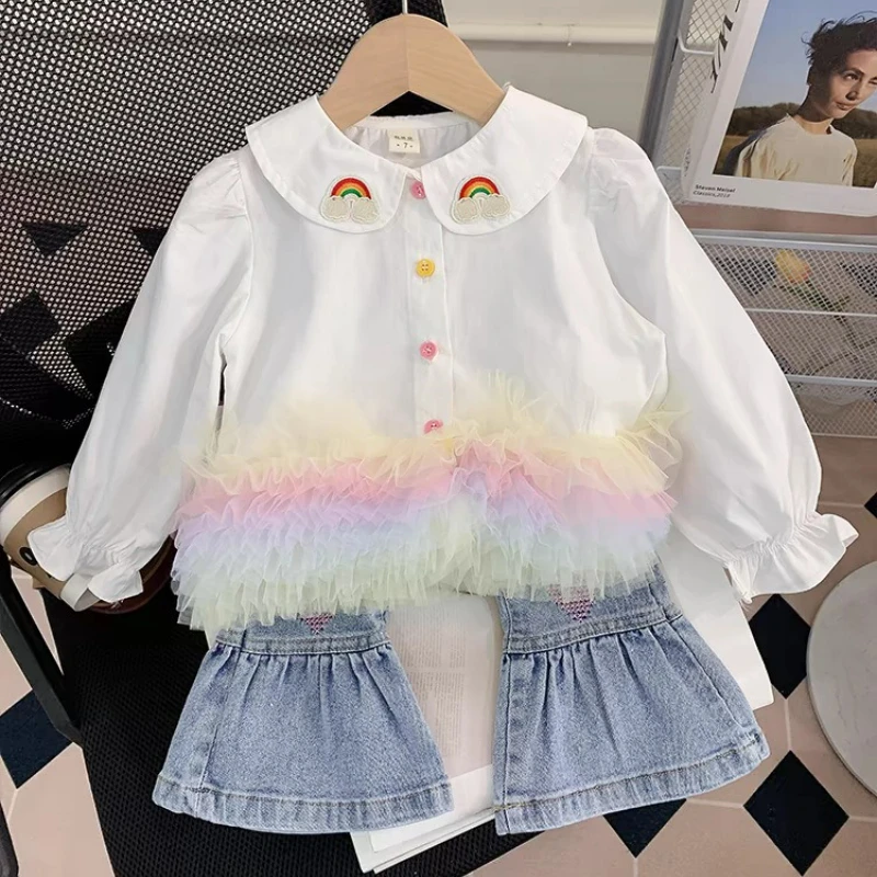 

Spring and Summer New Girls' Clothing Set Embroidered on The Collar cute Long Sleeved Doll Shirt +flared Jeans Kids Suits
