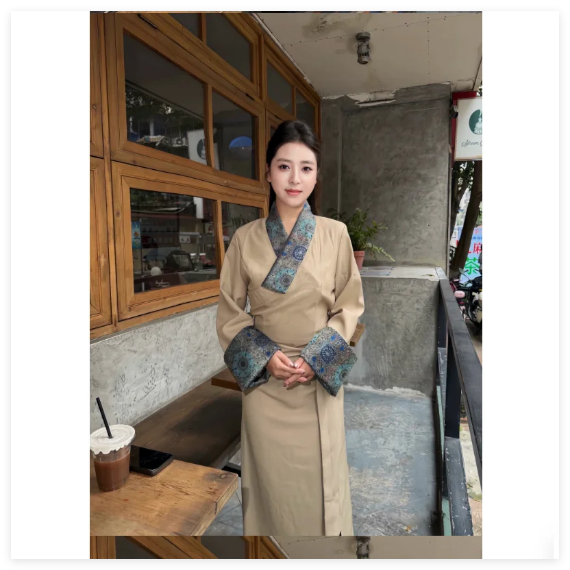 Chinese Xizang Women's Cross Neck Bola Dress Contrast Jacquard Trimmed Tibetan Skirt