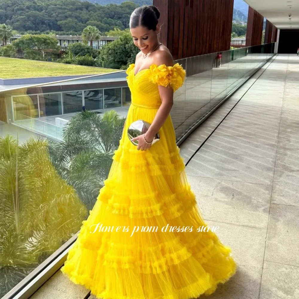 

Flowers Off Shoulder Party Dress Pleats A Line Prom Gowns Ruffles Formal Evening Princess Gown Vestido De Novia Customized