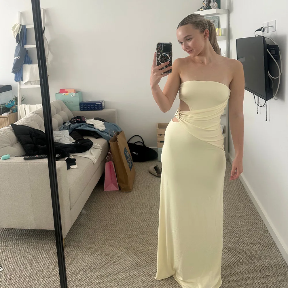 2025 Summer  Party Casual Wear Cool Spicy Hot Girl Style Tube Top Bodycon Dress Side Waist Cut-Out Long Skirt Gown