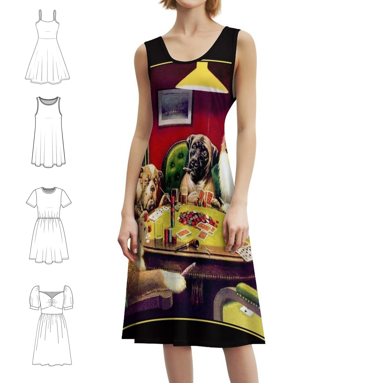الكلاب لعب البوكر: فستان حفلات نسائي عتيق باللونين البني والسيجلو ملابس الشارع الشهير ملابس نادي مطبوعة عصرية للكلاب النسائية #1