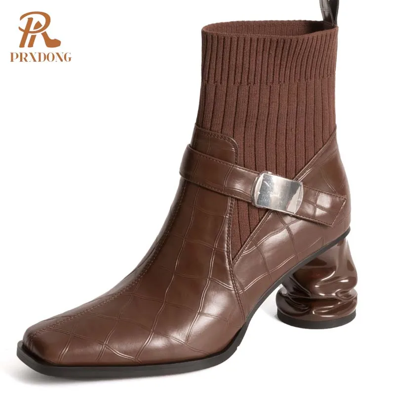 

PRXDONG New Arrivals Genuine Leather Autumn WInter Warm SHoes Chunky High Heels Black Brown Dress Party Lady ANkle Boots Size 39