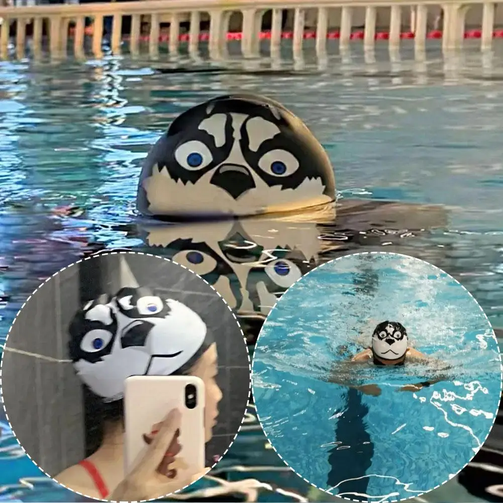 Cartoon Funny Siberian Husky Swim Cap Silica Gel Super Elastic Comfortable Cap Pool Swimming Waterproof V3n3