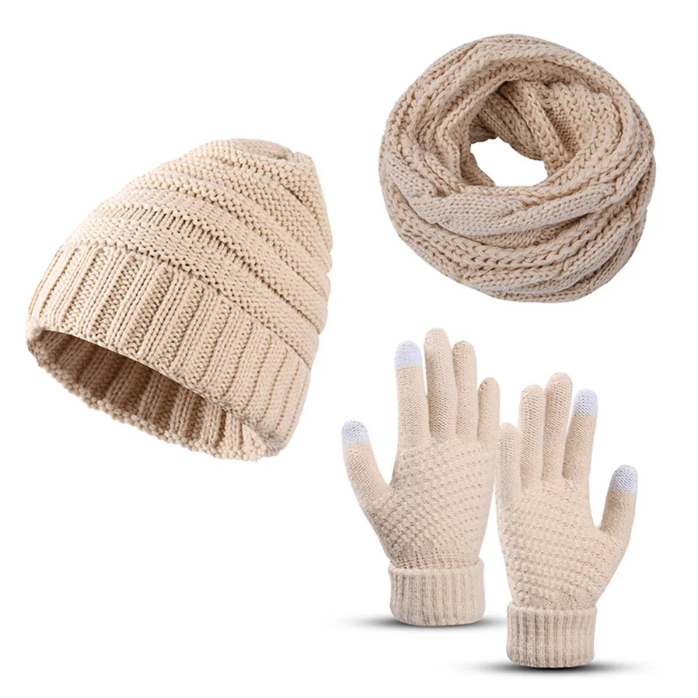 Warm Knitted 3-Piece Set Autumn-Winter Hat Scarf Gloves Outfit