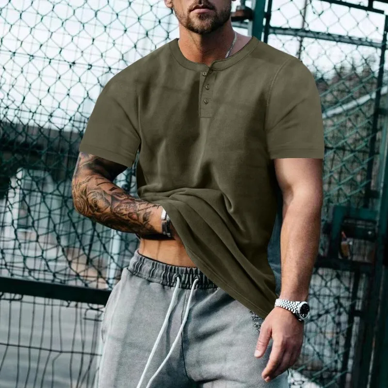 2025 summer men's plus size Henry round neck short sleeved solid color T-shirt men's casual slim fit top