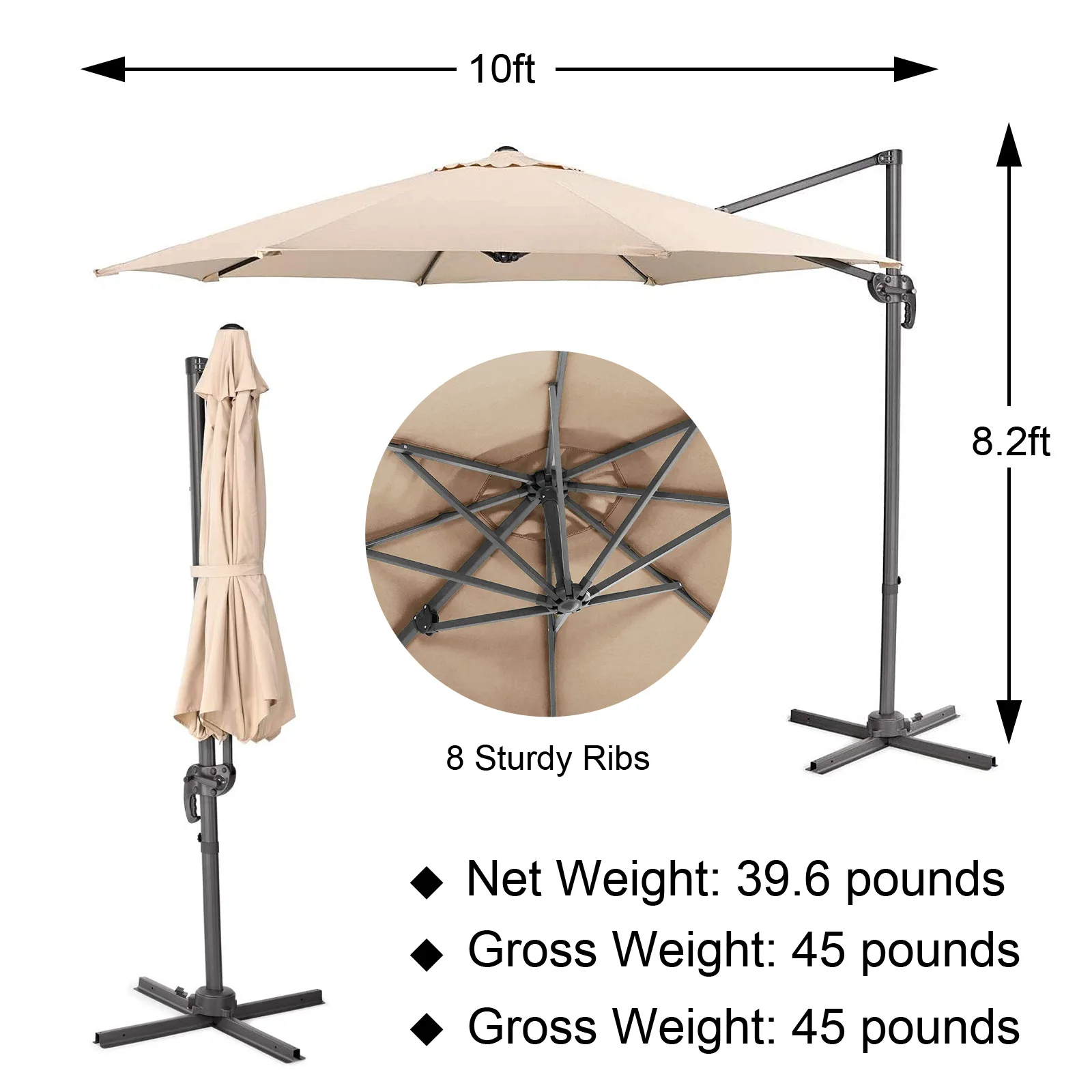 헤비 듀티 10ft 마켓 테이블 우산 순중량 40Lb 8 철 뼈 금속 프레임, 기본 240gsm 폴리에스터 없음