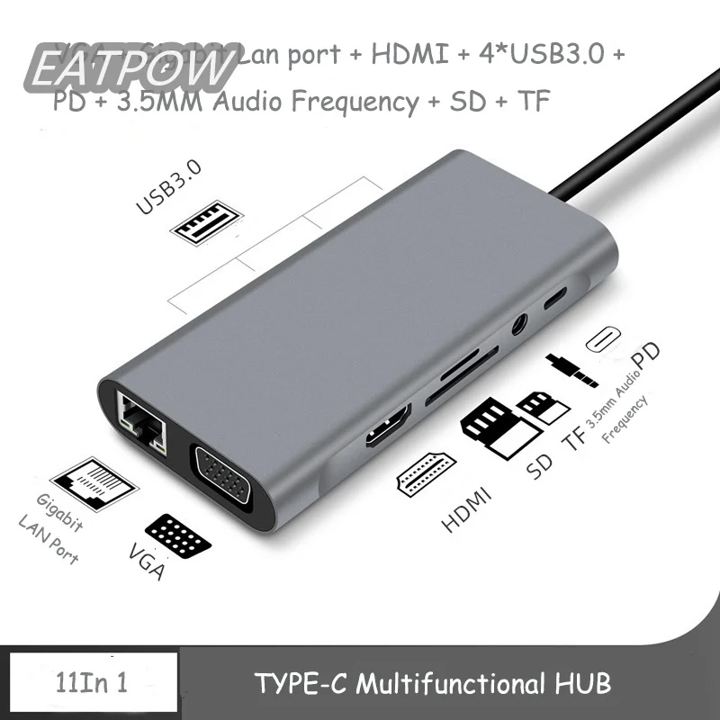 Adaptador de USB HUB a HDMI VGA PD TF/SD, Puerto divisor de acoplamiento tipo C para Macbook Air M1 Pro, 11