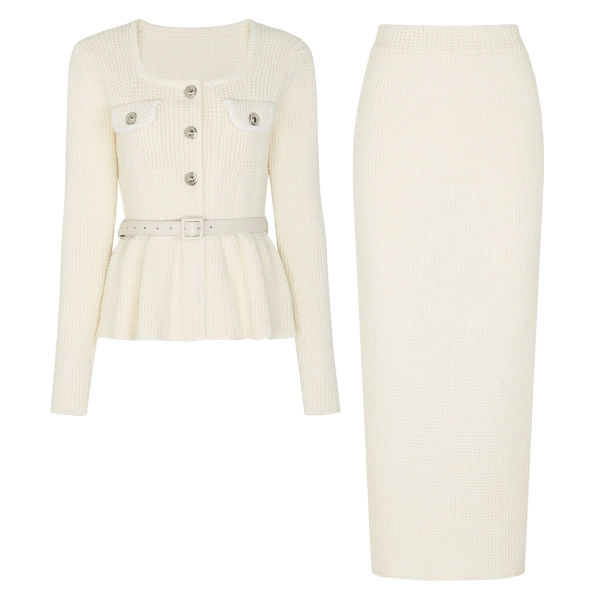 High Quality Autumn New Fashion Elastic Knitted Square Neck Ruffle Edge Slim Fit Waist Belt Cardigan+Half Skirt Women's Set