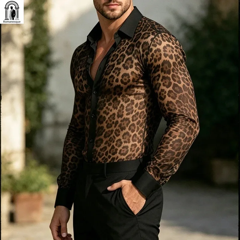Nightclub Mens Leopard Print Mesh Slim Shirt Spring Summer Sexy See Through Long Sleeve Shirts Men Clubwear Vintage Button Shirt