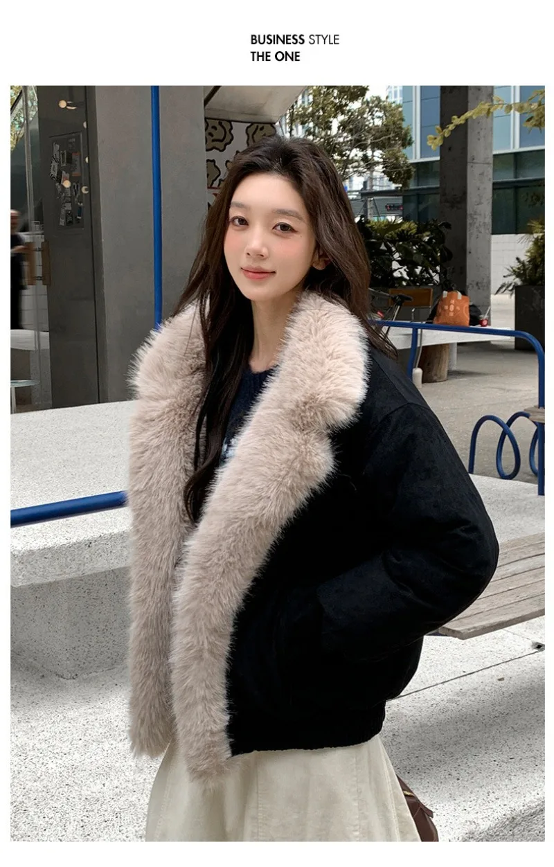 2026 Fashion Down Cotton-padded Jacket Women's Winter Coats Long Fur Collar Short Parkas Thicken Warm Streetwear Loose Outerwear