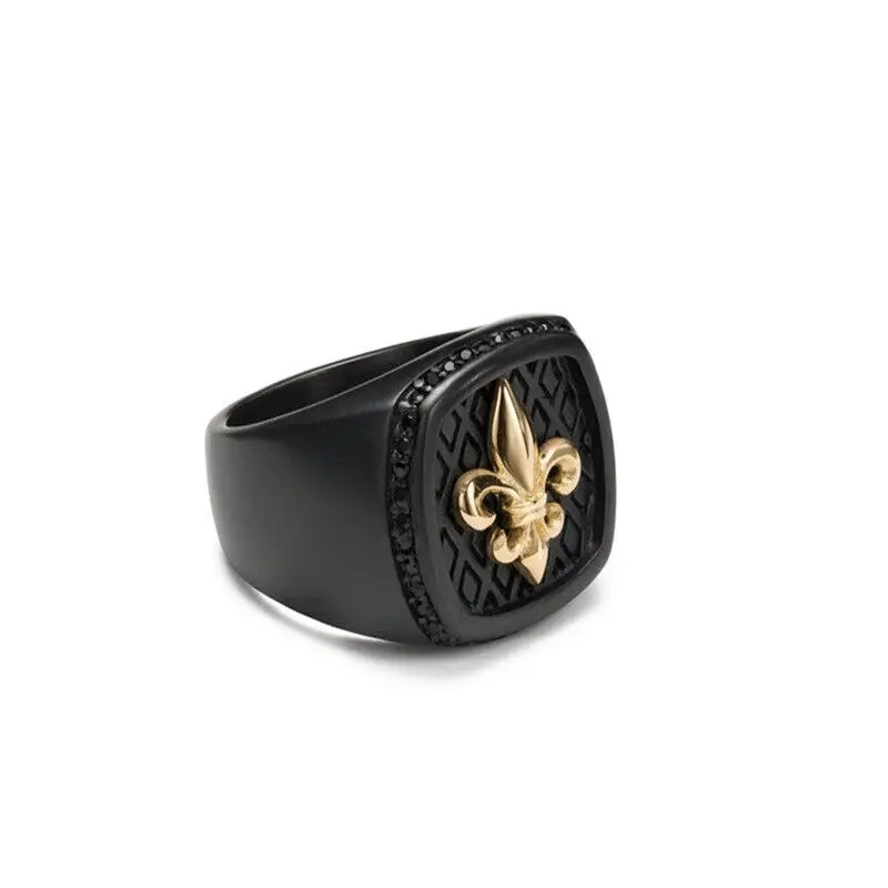 Mens Stainless Steel Black Lily Fleur de Lis Ring for Men Size 7-11