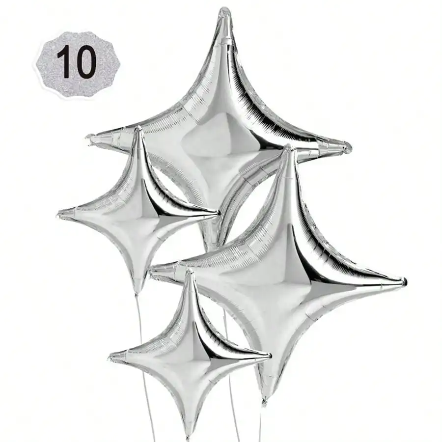 10pc-silver foil four pointed star birthday balloons-birthday party decorations, carnival party,diamond foil balloon decorations