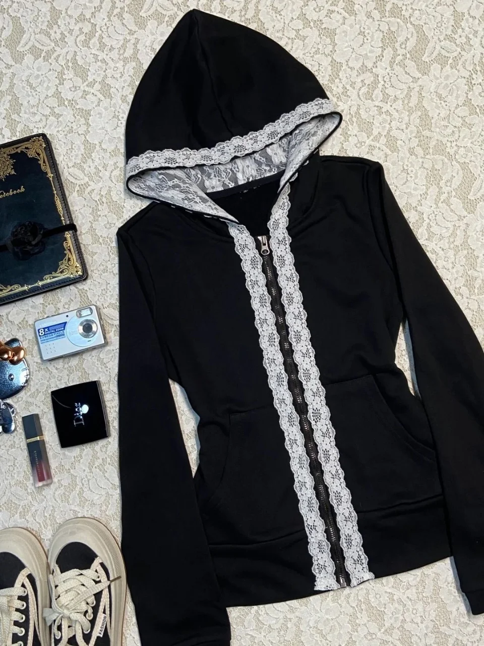 Y2K retro Harajuku style black lace patchwork women's hooded sweatshirt early autumn spicy girl slim fit tops millennium style