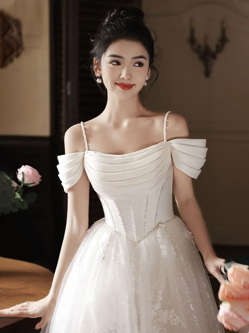 Light Wedding Dress 2024 Summer New Bride French One Shoulder Light Luxury Dress Wedding Dress Ball Dress Evening Dress