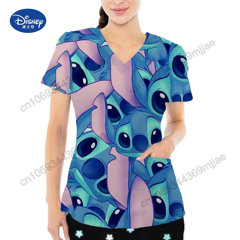 2024 Nieuwe Casual Comfortabele Verpleegstersuniform V-Hals Grote Zak Ontwerp T-Shirt Disney Cartoon Print Patroon Korte Mouwen T-Shirt