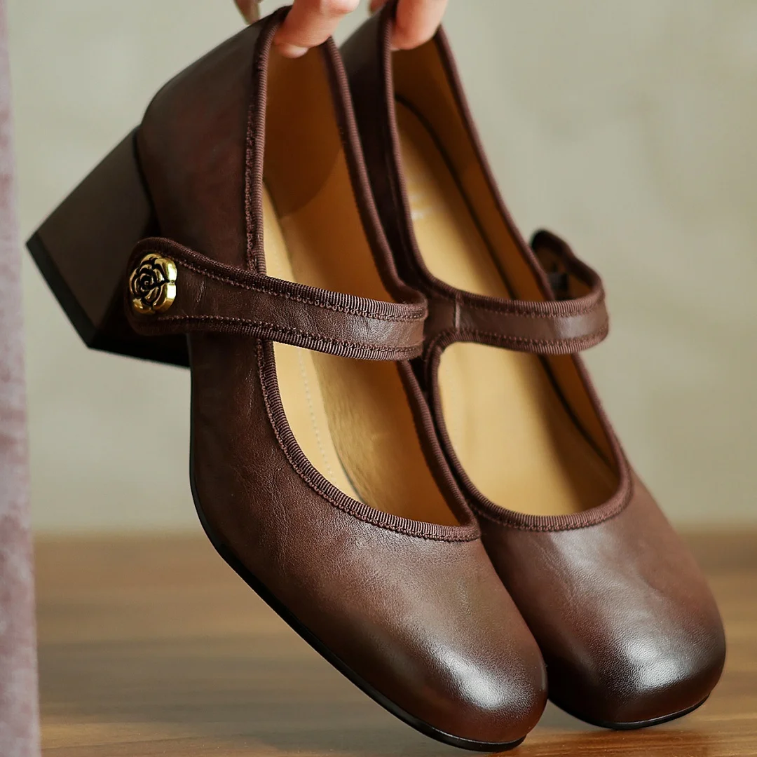 

Женские туфли-лодочки Мэри Джейн из коровьей кожи с металлической пряжкой и круглым носком, элегантные женские туфли на высоком каблуке толщиной 6 см, повседневные туфли на каблуке в стиле OL