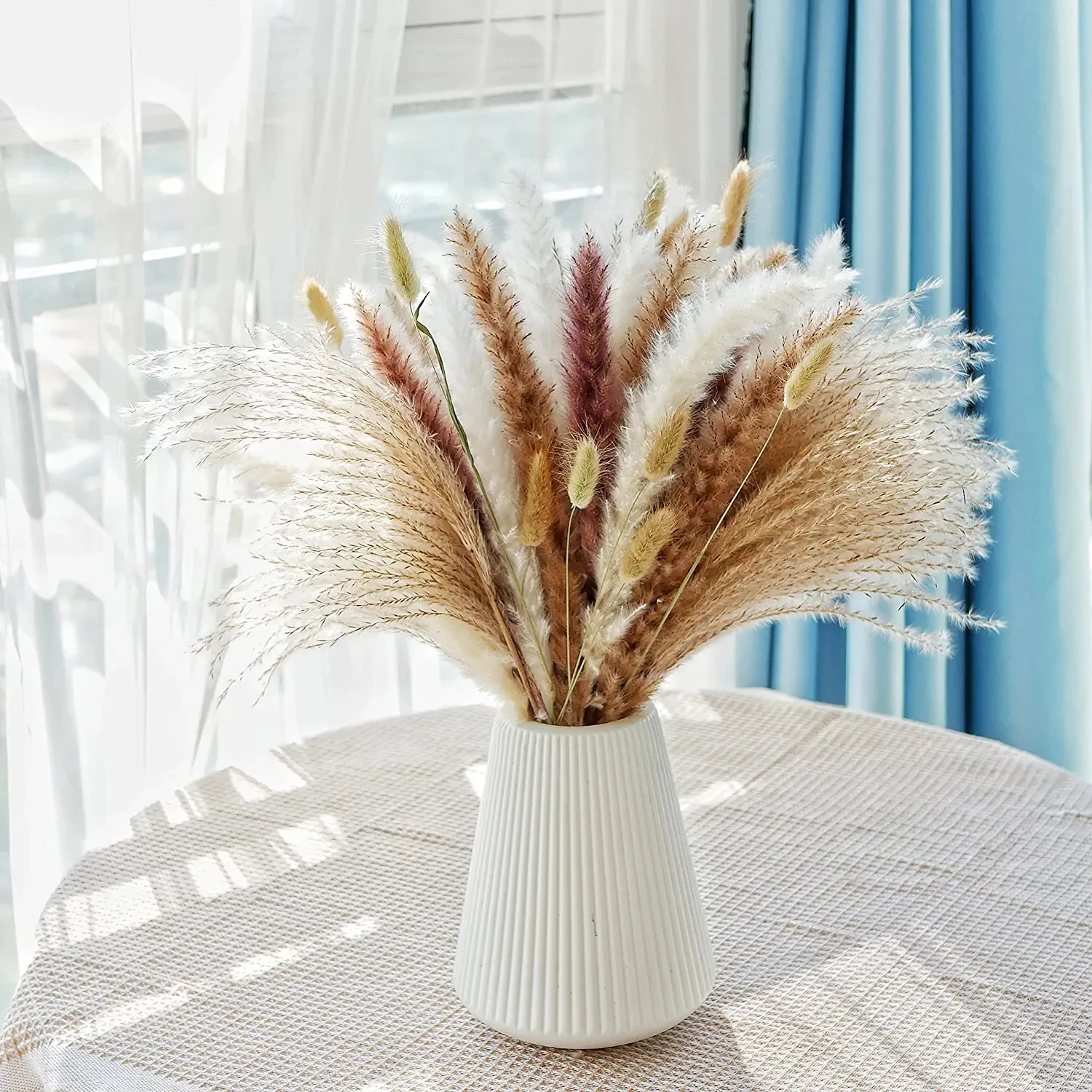 60 Pcs Decor Total 17” Set | 15 Pcs White Pampas and 15 Pcs Natural Pampas, 10pc Rabbit Tail, 20 Pcs Reed Grass for Home Decor