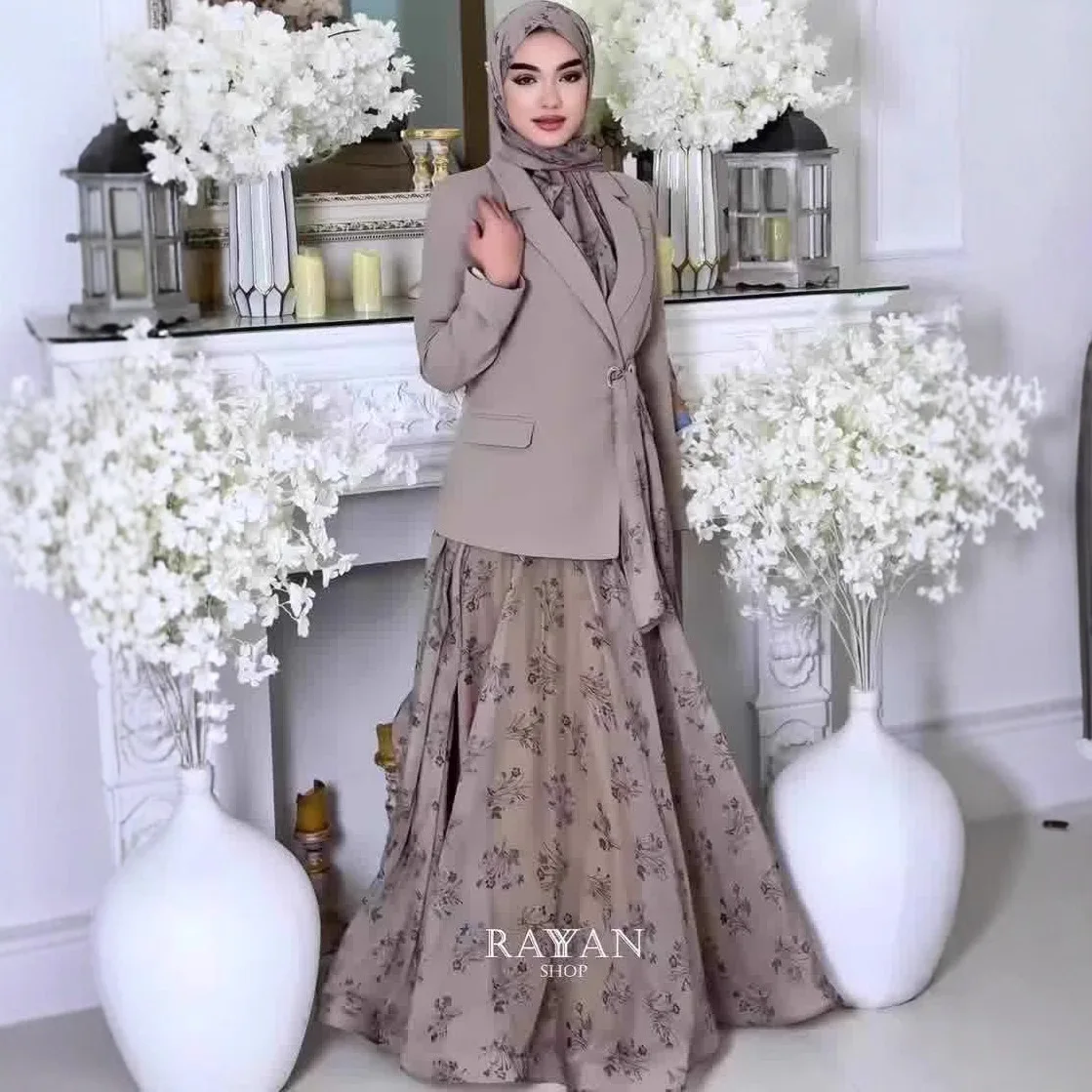 Eid 2-teiliges Kleiderset Langarm-Oberteil Langes Kleid mit Druck Hijabs A-Linie Y2k Streetwear Elegante Arbeits- und Abendkleidung Arabisch 2026