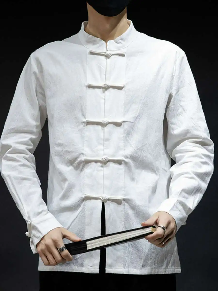 

Мужская традиционная китайская рубашка свободного кроя из льна и хлопка с воротником-стойкой, винтажная, повседневная, для молодежи, весенняя