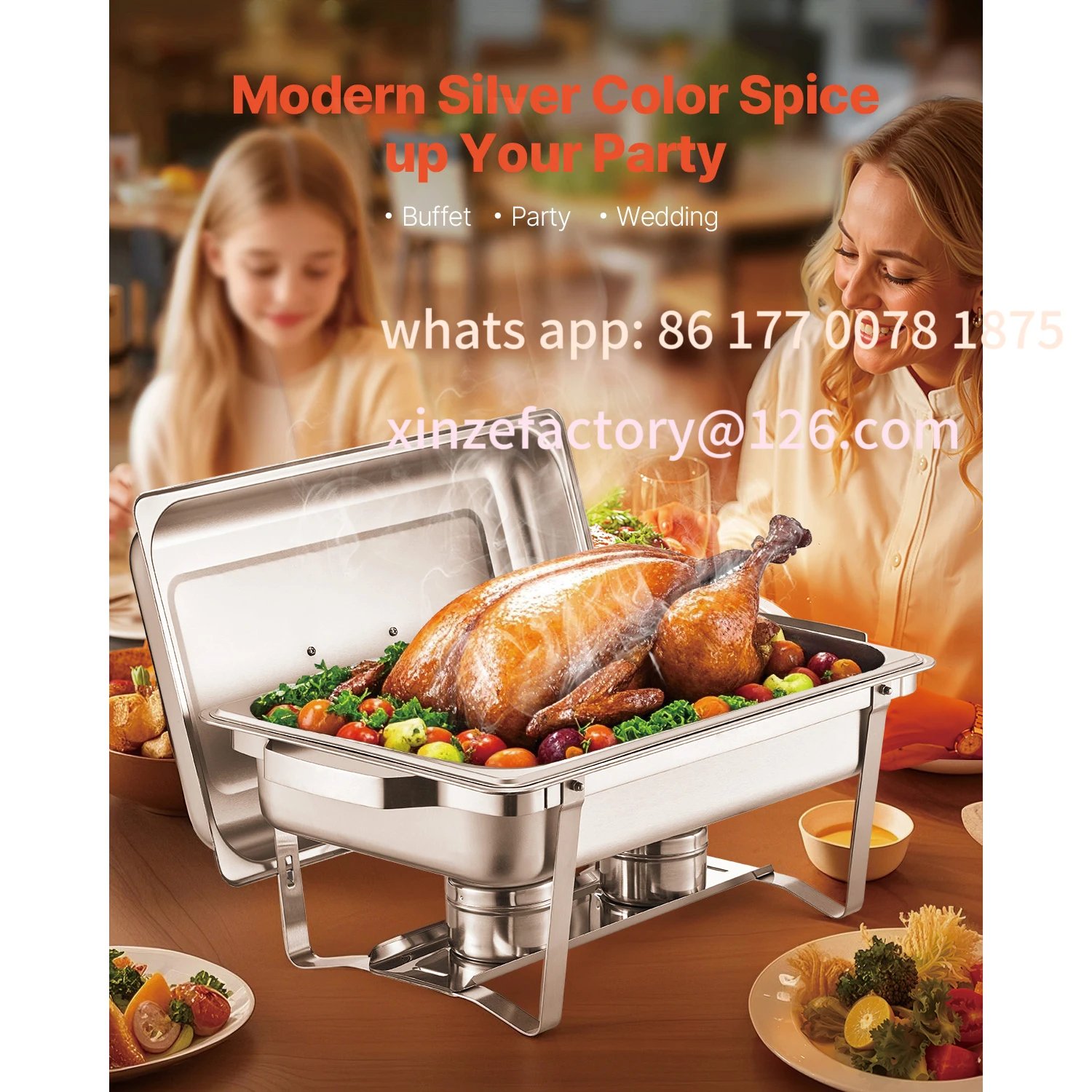 Customizable 8 Qt 6 Pack Chafing Dish Buffet Set Stainless Steel Chafer with 6 Full Size Pans Rectangle Catering Warmer