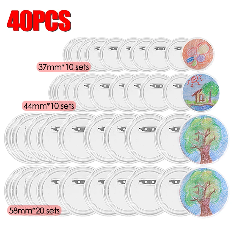 40Sets 37mm+44mm+58mm Reusable Transparent Badge Button Parts DIY Making Acrylic Pressing Pin Button Badge Maker Accessories