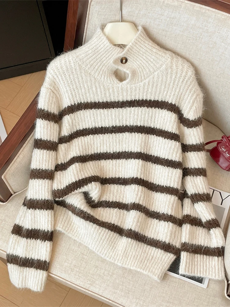 Women's Red Striped Pullover Sweater Harajuku Turtleneck Long Sleeves Oversize Sweaters Jumper Vintage Y2k 2000s Clothes Autumn